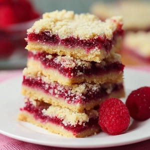 Könnte beinhalten: Ein Stapel von vier Himbeer-Streuselkuchen auf einem weißen Teller, mit zwei frischen Himbeeren. Die Kuchen haben eine goldbraune, bröselige Kruste und eine leuchtend rote Himbeerfüllung. Der Teller steht auf einem rosa Tuch.