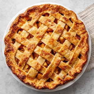 Op de afbeelding: Een versgebakken appeltaart met een goudbruine rasterkorst. De taart staat op een wit bord en de korst heeft een schilferige textuur. De vulling is zichtbaar door het raster en toont de appels. Een heerlijk dessert.