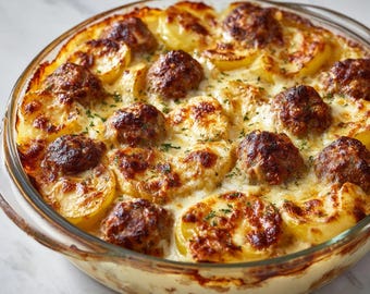 Potato and Meatball Gratin Recipe | Cheesy Comfort Casserole Instant Download