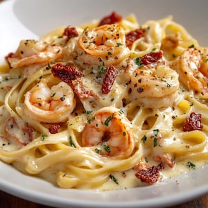 May include: A close-up shot of a creamy pasta dish with shrimp and sun-dried tomatoes. The pasta is a light yellow color, and the shrimp are a vibrant orange. Garnished with fresh herbs, the dish is served in a white bowl.