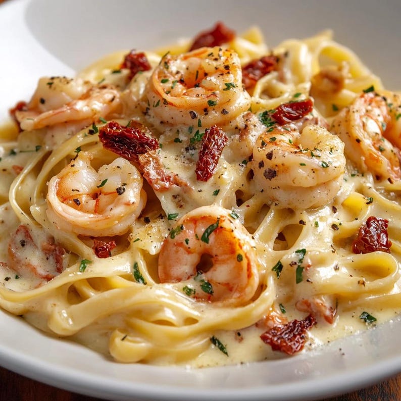 May include: A close-up shot of a creamy pasta dish with shrimp and sun-dried tomatoes. The pasta is a light yellow color, and the shrimp are a vibrant orange. Garnished with fresh herbs, the dish is served in a white bowl.