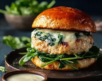 White Cheddar Spinach Chicken Burgers Recipe PDF | Juicy Chicken Burger Digital Download | Printable Dinner Recipe Card