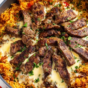 May include: A close-up shot of a pan filled with a savory dish. The base is a bed of vibrant orange rice, topped with grilled steak slices arranged in a circular pattern. A creamy white sauce is drizzled over the steak and rice, garnished with fresh green herbs.