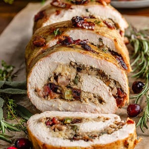 Puede incluir: Rollo de pechuga de pavo asada y rellena, con arándanos y hierbas. El pavo es de color marrón dorado con capas visibles de relleno y arándanos rojos. Romero fresco y arándanos esparcidos alrededor del pavo.
