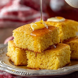 Puede incluir: Una pila de cuadrados de pan de maíz amarillo dorado sobre un plato decorativo. Trozos de mantequilla encima del pan de maíz, con miel vertida sobre ellos. Un paño a cuadros rojos y blancos en el fondo.