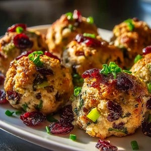 May include: A plate of savory, golden-brown stuffing balls garnished with fresh green chives and dried cranberries. The stuffing balls are round and textured, with visible herbs and cranberries throughout. The dish is presented on a white plate.