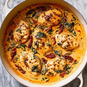 May include: A creamy, orange-hued dish featuring cooked chicken breasts, spinach, and sun-dried tomatoes in a white pan with handles. The chicken is seasoned with black peppercorns. The dish is set against a marble background.