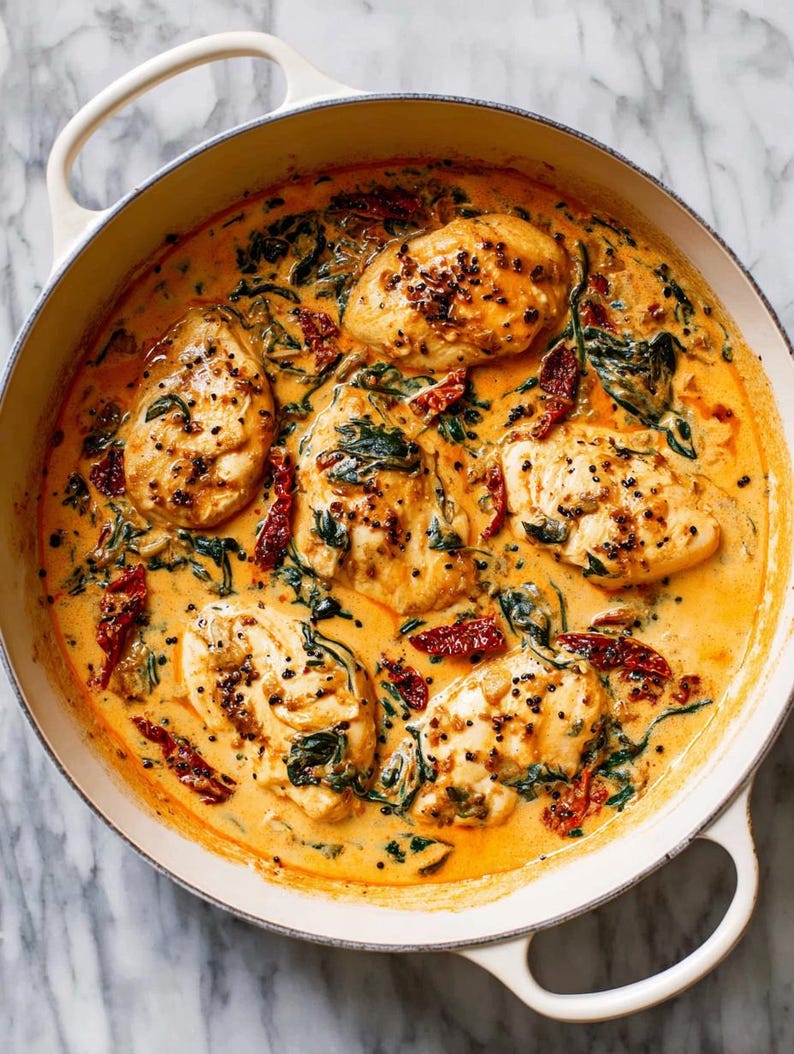 May include: A creamy, orange-hued dish featuring cooked chicken breasts, spinach, and sun-dried tomatoes in a white pan with handles. The chicken is seasoned with black peppercorns. The dish is set against a marble background.