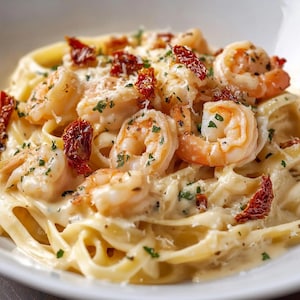 May include: A close-up of a creamy pasta dish with shrimp, sun-dried tomatoes, and parsley. The shrimp are pink and plump, and the pasta is a light yellow color. The dish is garnished with grated cheese.