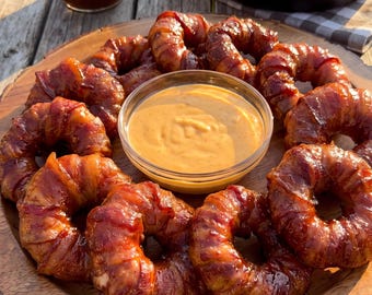 Bacon Wrapped Burger Stuffed Onion Rings Recipe | Digital Download PDF