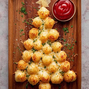 Könnte beinhalten: Ein hölzernes Serviertablett zeigt einen Weihnachtsbaum aus goldbraunen Kartoffelbällchen mit Käse. Rechts befindet sich eine kleine Schüssel mit roter Sauce. Petersilie und Käse sind über der festlichen Vorspeise verstreut.