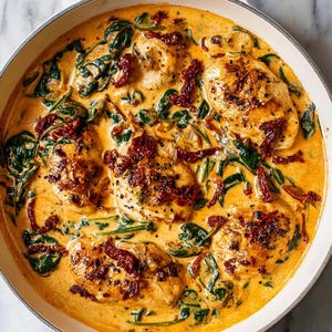 May include: A pan of creamy chicken with spinach and sun-dried tomatoes. The chicken breasts are golden brown, and the sauce is a rich orange color. The spinach is a vibrant green, and the tomatoes are a deep red.