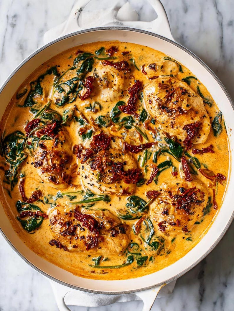 May include: A pan of creamy chicken with spinach and sun-dried tomatoes. The chicken breasts are golden brown, and the sauce is a rich orange color. The spinach is a vibrant green, and the tomatoes are a deep red.