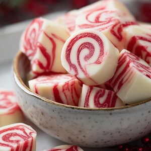 May include: A ceramic bowl containing white and red swirled sweets. The sweets feature a spiral pattern and are cut into small pieces. The bowl is light grey with a speckled design. Red berries are visible in the background.