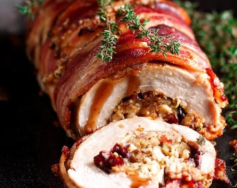 Apple Bacon Wrapped Pork Tenderloin Recipe | Holiday Dinner PDF | Savory Christmas Recipes | Tenderloin Pork