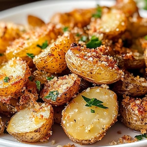 Peut inclure: Gros plan sur des quartiers de pommes de terre rôtis avec une croûte dorée, saupoudrés de chapelure et de persil frais. Les pommes de terre sont disposées sur une assiette blanche, pour un plat appétissant.