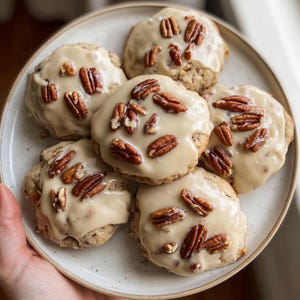 Könnte beinhalten: Ein Teller mit sechs Pekannuss-Keksen. Jeder Keks ist mit einer hellbraunen Glasur bedeckt und mit Pekannusshälften verziert. Die Kekse sind auf einem runden, cremefarbenen Teller angeordnet.