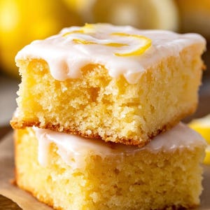 Peut inclure: Deux tranches de gâteau au citron avec glaçage blanc et garniture de zeste de citron. Le gâteau est de couleur jaune doré et repose sur un morceau de papier parchemin brun. Des citrons entiers et des tranches de citron sont en arrière-plan.