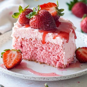 Puede incluir: Una porción de pastel de fresa rosa cubierto con glaseado rosa claro, fresas frescas enteras y un glaseado de fresa rojo. El pastel tiene una textura porosa y se sirve en un plato blanco con pequeñas motas negras, acompañado de mitades de fresa.