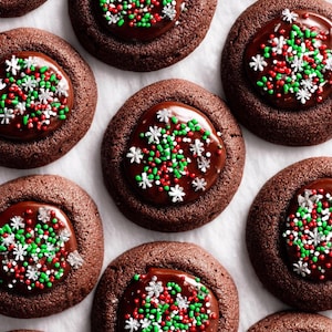 Peut inclure: Vue aérienne de plusieurs biscuits sablés au chocolat. Chaque biscuit a un centre de chocolat noir garni de vermicelles rouges, verts et blancs, dont certains en forme de flocons de neige. Les biscuits sont disposés sur une surface blanche.