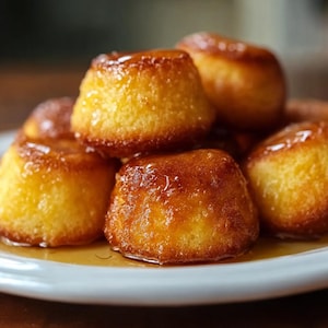 Peut inclure: Gros plan sur une assiette de mini-gâteaux glacés. Les gâteaux sont brun doré avec une garniture brillante et caramélisée. Ils sont empilés sur une assiette blanche, avec un sirop autour.