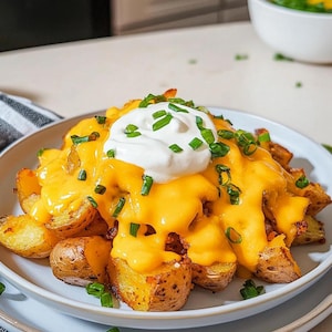 Può includere: Un piatto di spicchi di patate arrostiti guarniti con formaggio cheddar arancione fuso, un cucchiaio di panna acida bianca e una generosa spolverata di erba cipollina verde tritata. Le patate sono dorate con la buccia visibile e una consistenza tenera.