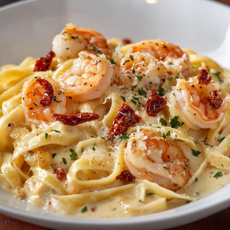 May include: A close-up of a white bowl filled with creamy fettuccine pasta, topped with grilled shrimp, sun-dried tomatoes, and grated cheese. Fresh parsley is sprinkled throughout the dish. The pasta is coated in a rich, creamy sauce.