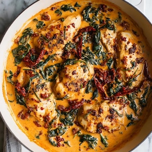 May include: A top-down view of a white pan filled with creamy, orange-colored sauce, chicken breasts, spinach, and sun-dried tomatoes. The dish is seasoned with black pepper and appears freshly cooked.