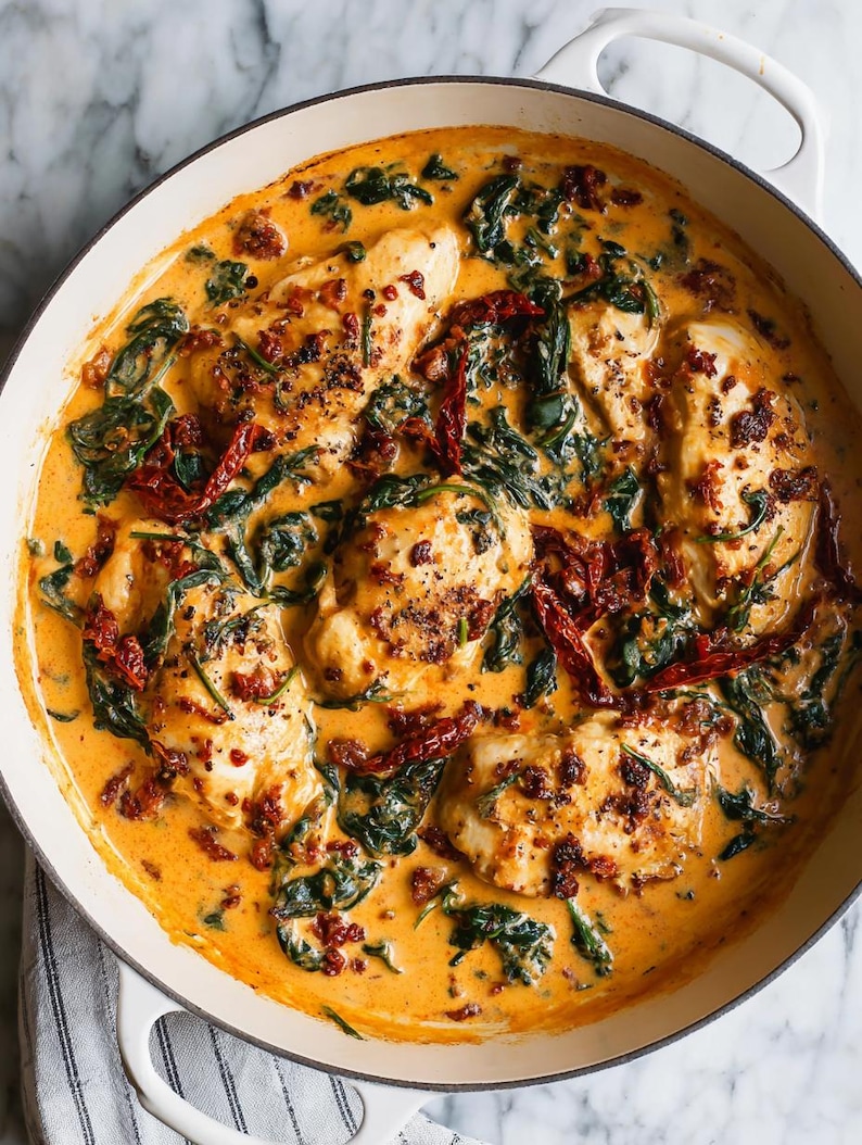 May include: A top-down view of a white pan filled with creamy, orange-colored sauce, chicken breasts, spinach, and sun-dried tomatoes. The dish is seasoned with black pepper and appears freshly cooked.