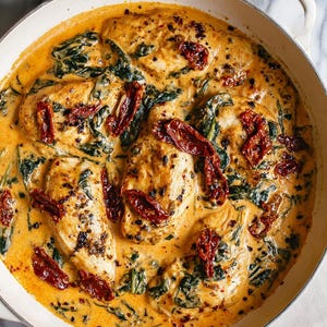 May include: A creamy, golden-hued chicken dish with spinach and sun-dried tomatoes in a white pan. The chicken breasts are topped with red sun-dried tomatoes and black pepper. The dish is a complete meal.