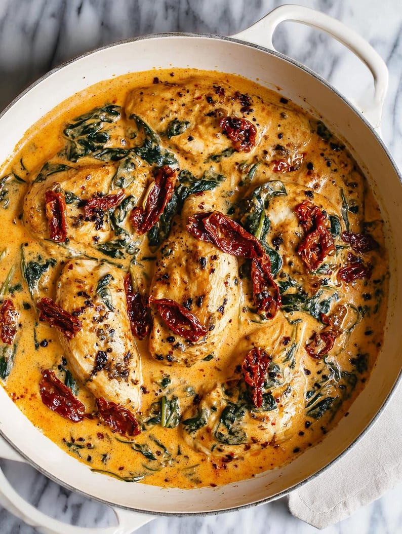 May include: A creamy, golden-hued chicken dish with spinach and sun-dried tomatoes in a white pan. The chicken breasts are topped with red sun-dried tomatoes and black pepper. The dish is a complete meal.