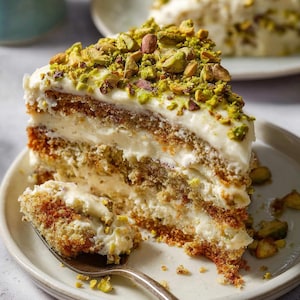 Könnte beinhalten: Ein Stück mehrschichtiger Kuchen mit weißem Zuckerguss und gehackten Pistazien. Der Kuchen hat eine hellbraune Farbe mit sichtbaren Kuchen- und Zuckergussschichten. Der Kuchen liegt auf einem weißen Teller mit einem silbernen Löffel.