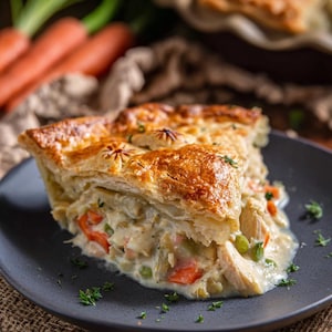 Könnte beinhalten: Ein Stück Hühnerpastete auf einem dunkelgrauen Teller. Die Pastete hat einen goldenen, flockigen Teig und ist mit Hühnchen, Karotten, Erbsen und einer cremigen Sauce gefüllt. Frische Petersilie ist darüber gestreut.