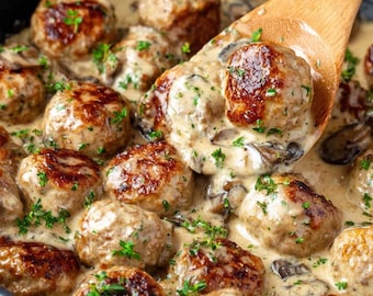 Creamy Mushroom Chicken Meatballs Recipe | One Skillet Dinner | Comfort Food PDF | Easy Weeknight Meal | Savory Recipes