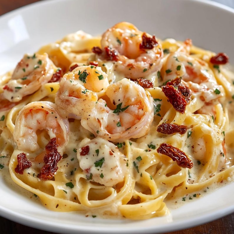 May include: A close-up of a plate of fettuccine pasta with shrimp. The pasta is coated in a creamy white sauce and garnished with chopped parsley and sun-dried tomatoes. The shrimp are large and pink.