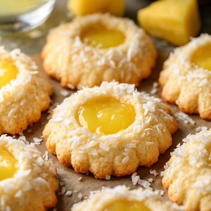 Peut inclure: Gros plan sur plusieurs biscuits en forme de fleur avec une garniture jaune, saupoudrés de noix de coco râpée. Les biscuits sont disposés sur une surface brun clair, avec des morceaux d'ananas et un verre de liquide jaune en arrière-plan.