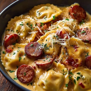 Peut inclure: Gros plan sur un plat de raviolis baignant dans une sauce crémeuse, parsemés de persil haché et de fromage râpé. Des tranches de saucisse dorée complètent ce plat savoureux.