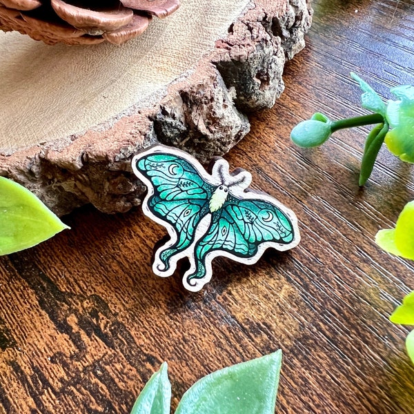 Lunar Moth Wooden Pin | Lunar Butterfly Gift | Cute Moth Pin Badge | Rustic Pin | Lunar Gift | Green Moth Accessory | Kawaii Pin