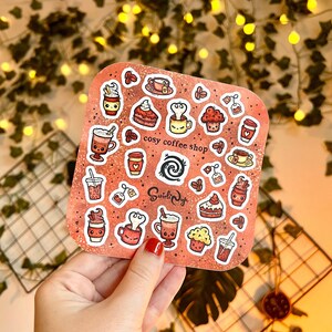 Feuille d'autocollants pour café rustique | Café chaleureux | Stickers café brun rouge | Stickers boissons mignons | Journalisation | Gâteau | Amateur de café