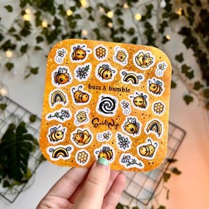 Yellow Bumblebee Waterproof Sticker Sheet: Kawaii Honeycomb Planner Stickers