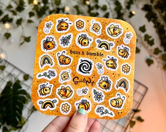 Yellow Bumblebee Sticker Sheet | Buzz & Bumble | Spring Summer | Honey Bee Sticker | Honeycomb | Kawaii Scrapbook | Matt Vinyl | Waterproof