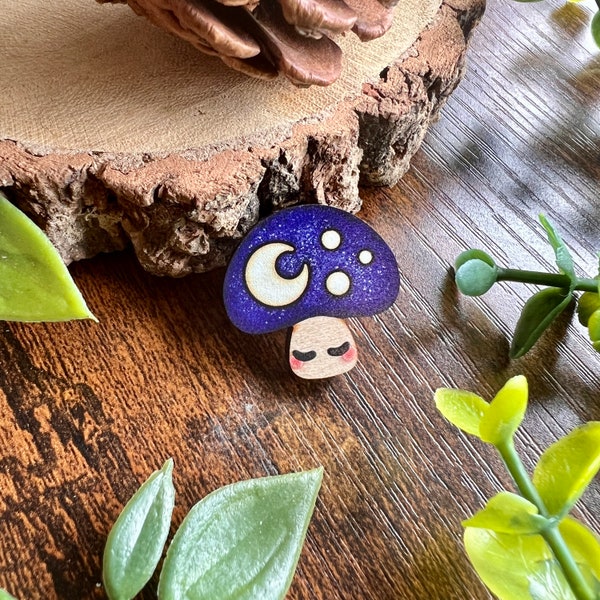 Dusk Mushroom Wooden Pin | Kawaii Fungi Gift | Sleepy Mushroom Pin Badge | Moon Pin | Garden Gift | Toadstool Accessory | Purple Mushroom