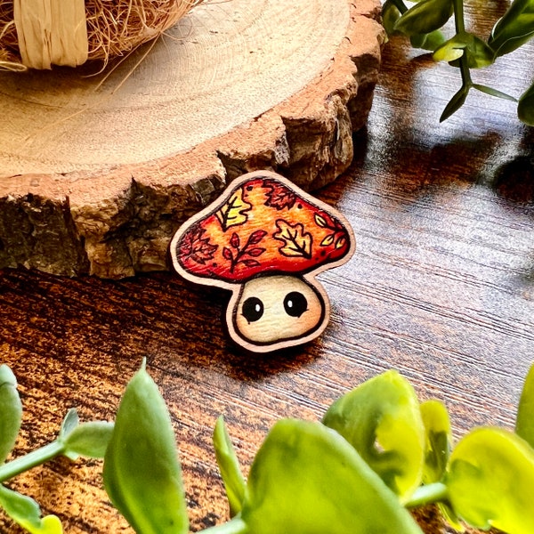 Maple the Mushroom Wooden Pin | Autumn Gift | Cute Toadstool Pin Badge | Rustic Pin | Woodland Gift | Autumn Accessory | Fall Pin