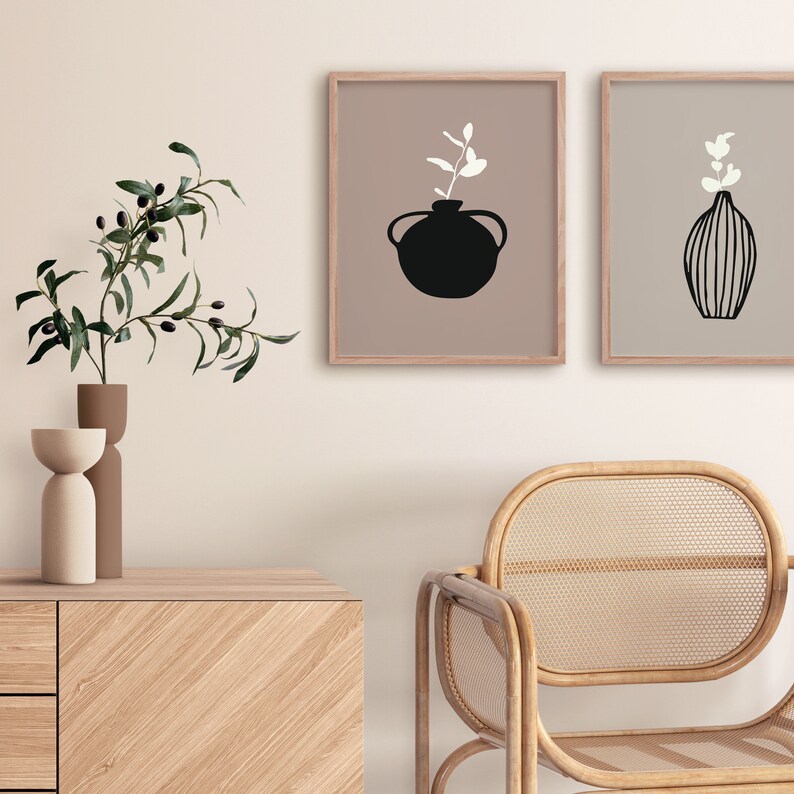 Impresión de arte de jarrón de eucalipto neutro, impresión de arte Wabi Sabi, arte de pared de tono neutro, impresión descargable, impresión de arte botánico neutro, decoración del hogar imagen 3