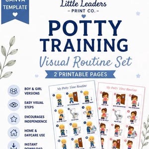 Pode incluir: Um modelo Canva editável para um conjunto de rotina visual de treinamento de desfralde com duas páginas imprimíveis. O design inclui texto azul escuro, ilustrações de crianças seguindo os passos e o logotipo da Little Leaders Print Co.