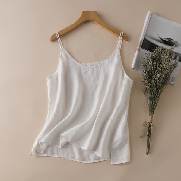 Free Shipping - Women Pure Linen Sleeveless slip cami tank top, Comfortable - 100% Linen - White & Black (One Size)- summer casuals
