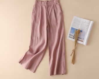 Ready to ship Women Pure Linen Casual High Waist Pants Wide Leg White, Pink Breathable Sizes Small, Medium,XL) Free Shipping