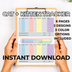 Op de afbeelding: Een klembord met een katten- en kitten-trackerontwerp. De tracker bevat secties voor gewicht, eetlust, energie en medicatie. De tekst "CAT + KITTEN TRACKER" en "INSTANT DOWNLOAD" worden weergegeven. Het ontwerp bevat 6 pagina's, 2 ontwerpen en 3 kleuropties.
