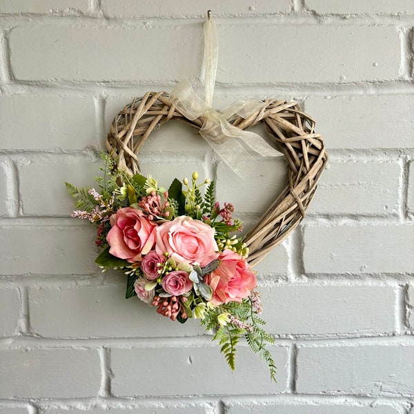 Pink Rose Heart Wreath, A beautiful heart wreath for your door or wall, Pink floral decoration, Rose wreath, Seasonal Wreath, Flower Wreath