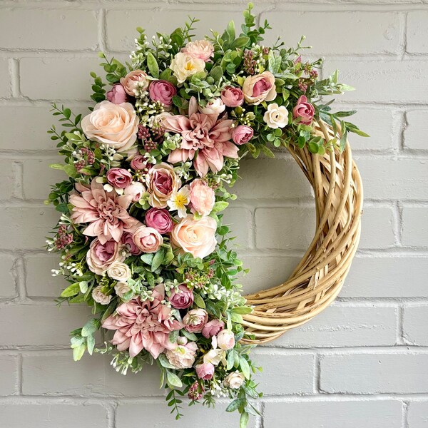 Dusky Pink Flower Wreath, Large Artificial Wreath for Front Door, Half moon Wreath, Pink Rose Wicker Wreath, Blush Flower Wreath